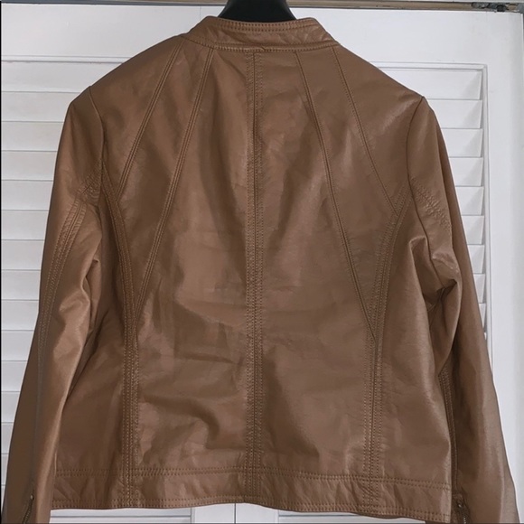 Tan Faux Vegan Leather Moto Motorcycle Jacket Coat - Picture 3 of 5